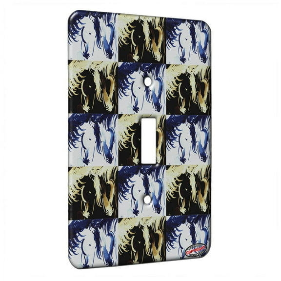 KuzmarK™ Single Gang Toggle Switch Wall Plate - Abstract Horses in Indigo Blue Horse Pattern Art by Denise Every
