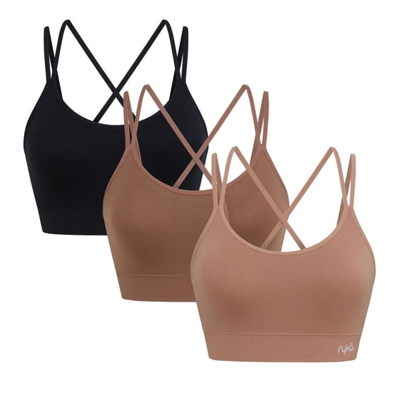 Ryka Hannah Seamless Strappy Openback Sports Bra, 3 Pack, CafeAU Lait/Nutmeg/Black, Large