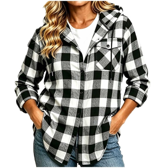 Womens Plaid Hoodie Fall Fashion Button Down Flannel Sweatshirt Long Sleeve Drawstring Hooded Lightweight Checked Shacket