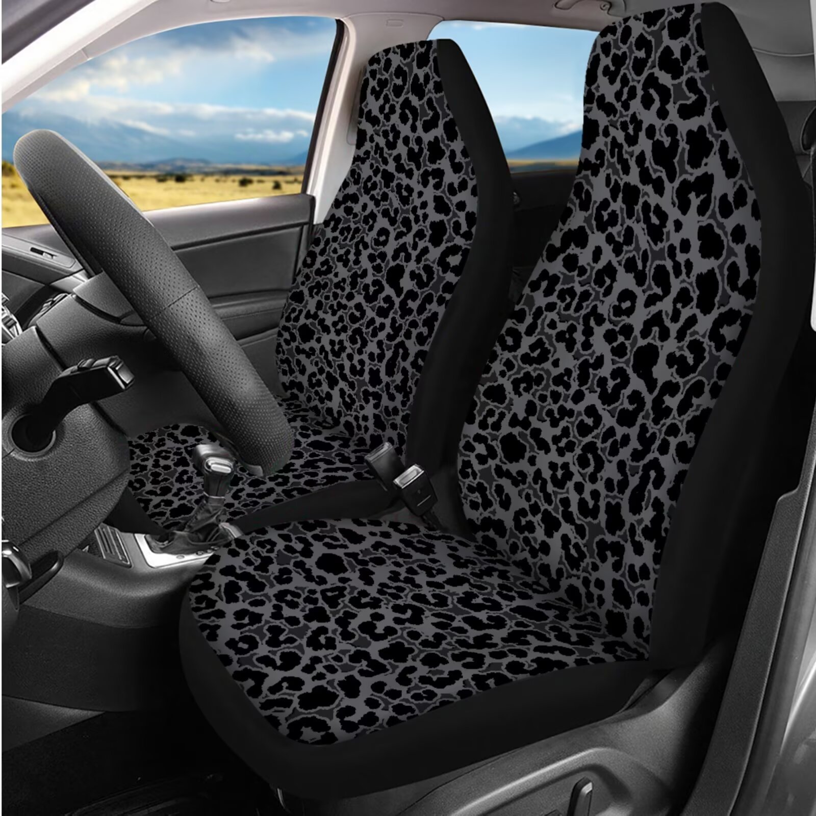 HUIACONG Leopard Print Car Seat Cover Full Set for Women Black Cheetah Print Car Accessories with Steering Wheel Cover Armrest Cover Seat Belt Pads Headrest Cover Coasters Keychain 14 Pcs