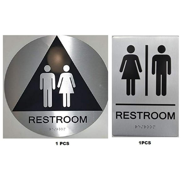 California Title 24 Geometric All Gender Restroom Sign Paired Set (6x9 Wall & Q12 Door) - The Sensation line -Brush Silver