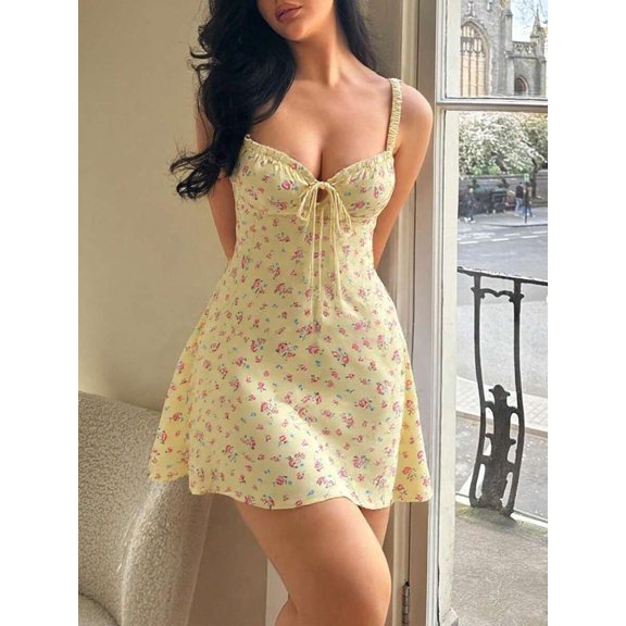 Multicolor Floral Print Sweetheart Neck Tie-Front Elastic Camisole Mini Dress For Women
