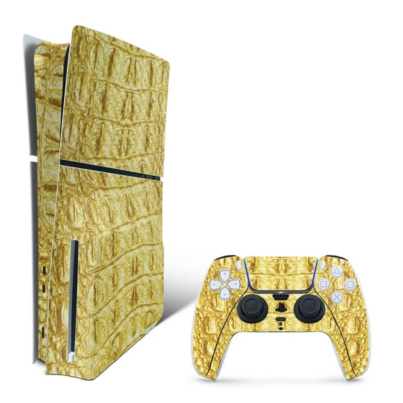 MightySkins Carbon Fiber Skin for PS5 Playstation 5 Slim Disc Edition Bundle - Golden Croc Protective, Durable Textured Carbon Fiber Finish Easy to Apply Made in The USA