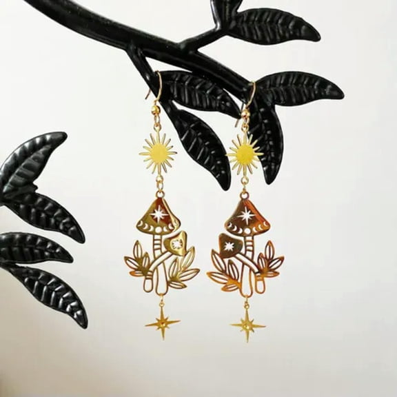 HOOUN Celestial Mushroom Earrings Quartz Crystal Hypoallergenic Fairy Witch Jewelry-5#Gold mushroom sun moon star