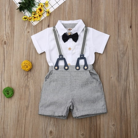 

2Pcs Toddler Kid Baby Boy Gentleman Clothes Short Sleeve Tops Shirts Blouse+ Overall Bib Shorts Outfit