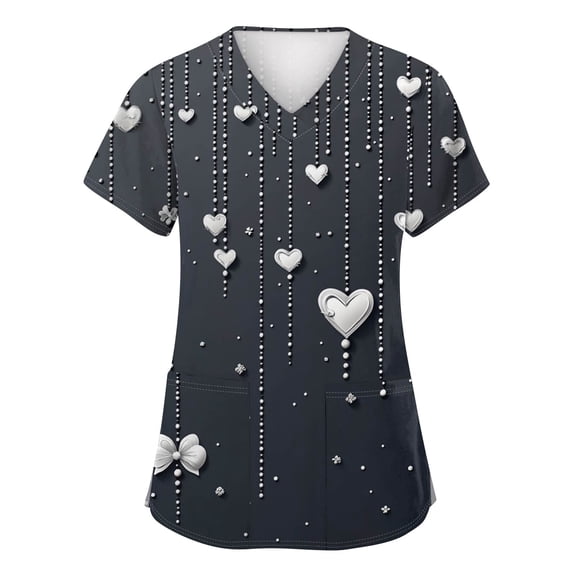 Tops for Women 2025 Cute Graphic Printed Short Sleeve V Neck Scrub Top Loose Fit Work Uniform Scrub Shirt Gray S
