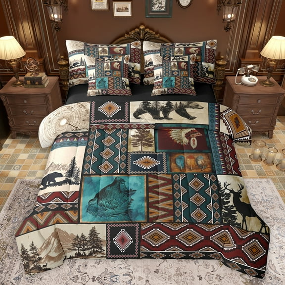 Feelyou Vintage Boho Aztec Twin Bedding Sets 7-Piece for Men, Hippie Rustic Bear Bedding Comforter Set, Southwestern Theme Reversible Sheet Sets, Super Cozy Room Decor