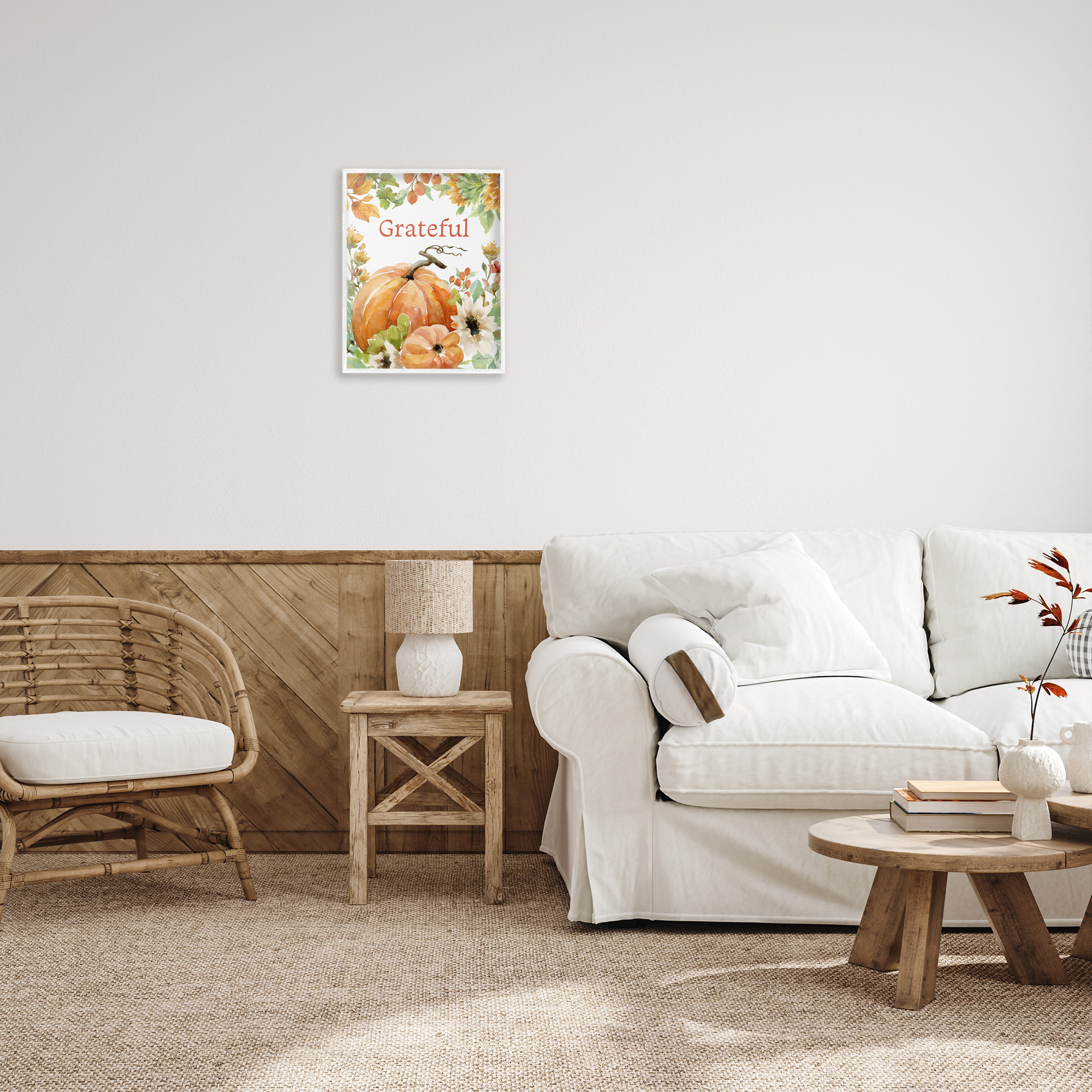Stupell Industries Grateful Pumpkins & Flowers Holiday Painting White Framed Art Print Wall Art, 16 x 20