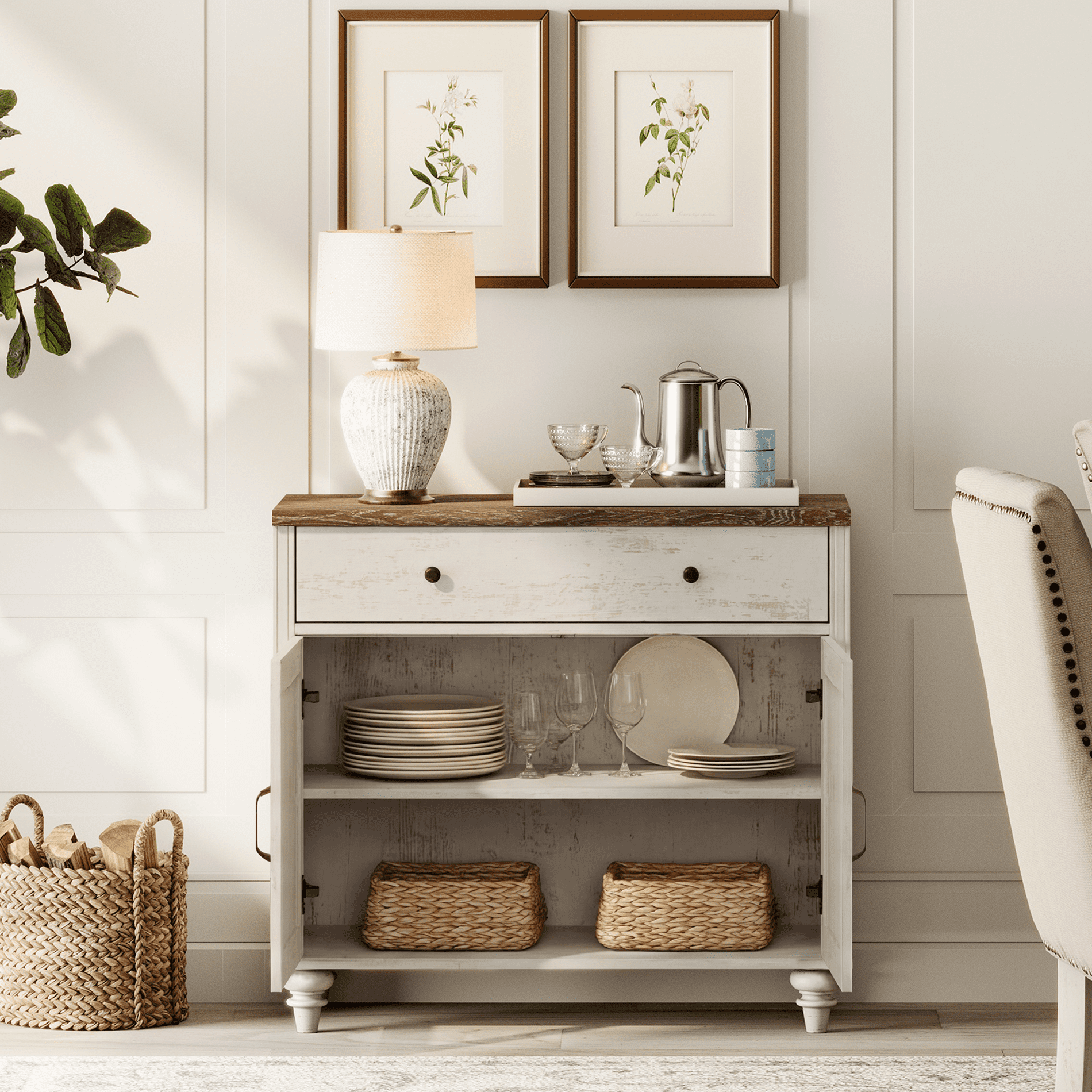 WAMPAT Farmhouse Rustic White TV Stand for 43 inch TV with 2 Doors and Wooden Drawer, Vintage Universal TV Stands with Storage Cabinets, Entertainment Center TV Console Table for Living Room, Bedroom