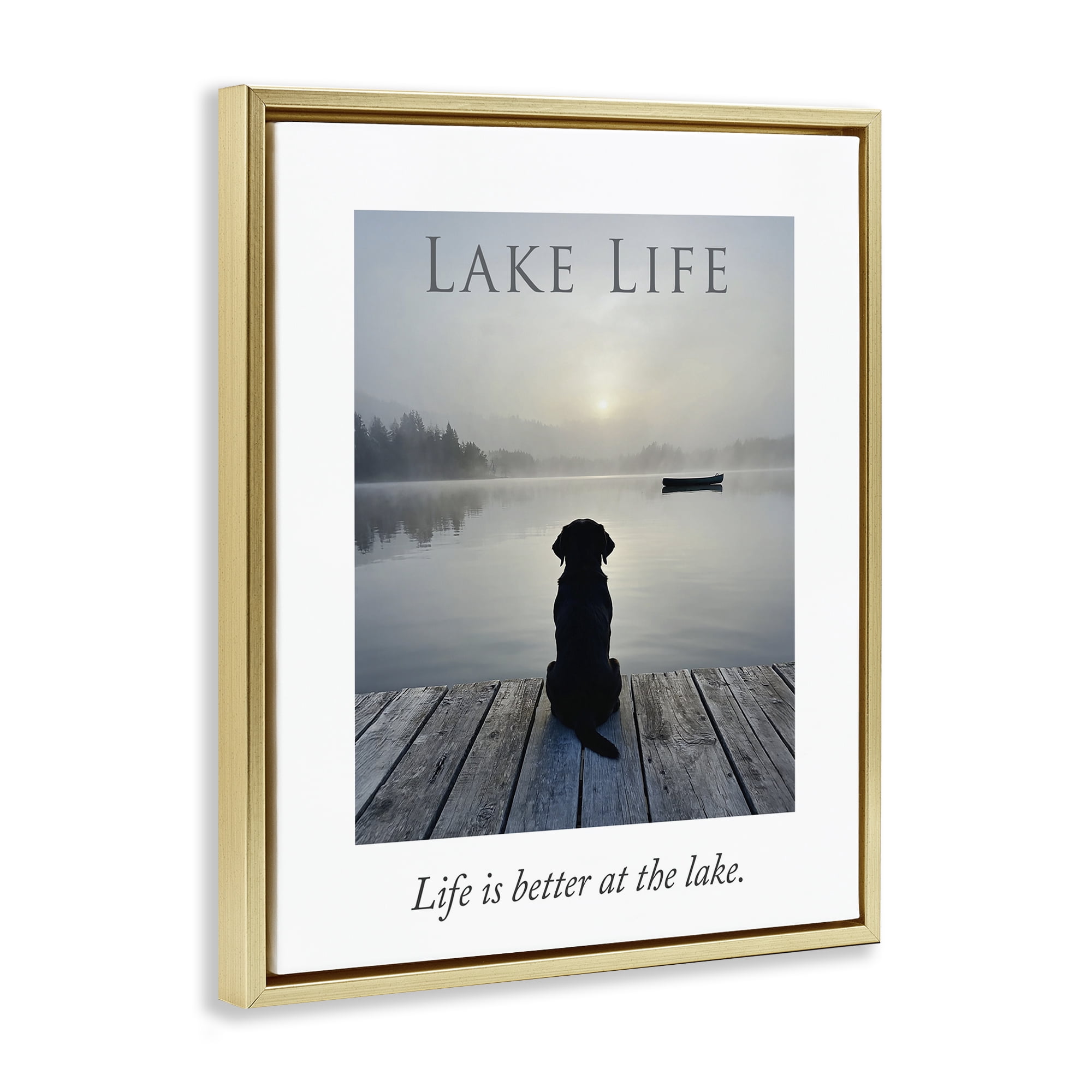 Stupell Industries Lake Life with Dog Gold Framed Floater Canvas Wall Art, design by A Barefoot Stylist