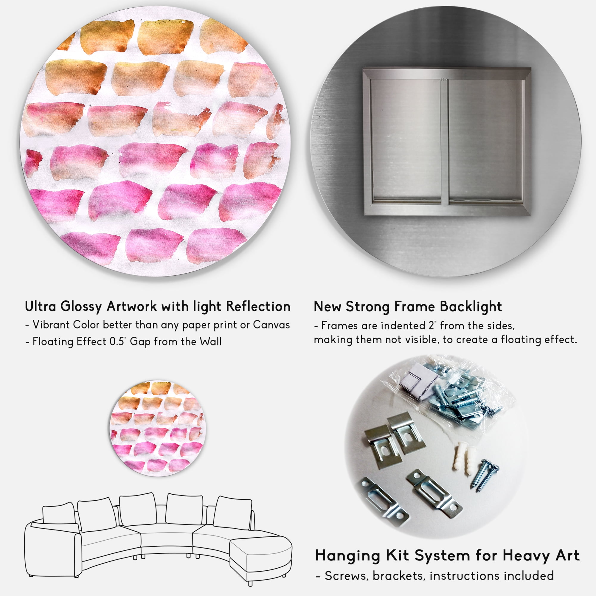 Designart 'Dark Yellow and Pink Abstracts Brushes' Modern Circle Metal Wall Art 23x23 - Disc of 23