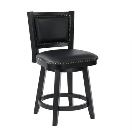 Kera Swivel Counter Height Stool Chair, Black Wood, Nailhead Faux Leather