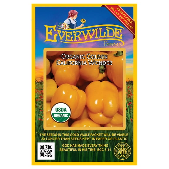 Everwilde Farms - 25 Organic Golden California Wonder Sweet Pepper Seeds - Gold Vault Jumbo Bulk Seed Packet