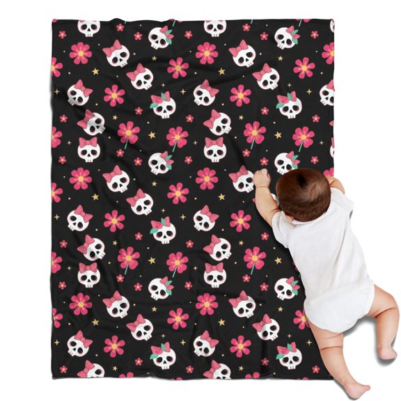 Black Skull Flower Bow Pattern Blanket,Comfortable Soft Flannel Throw Blanket,All Season,Warm Lightweight Blankets for Sofa Bed Couch Living Room Chair,30"x40"