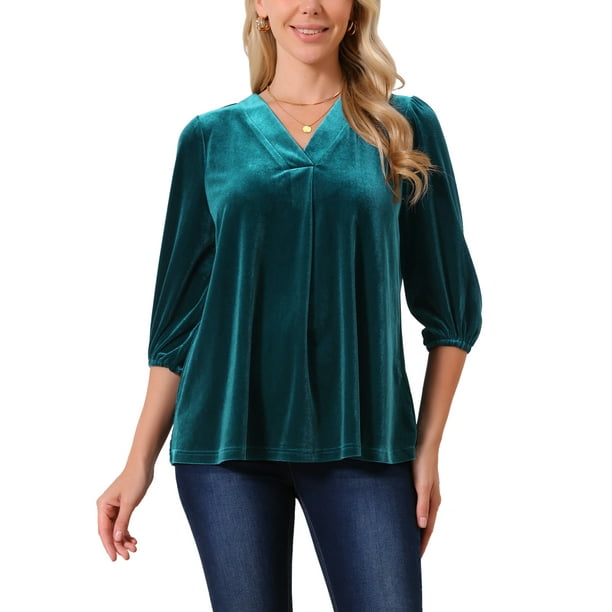 INSPIRAR CHIC Blusas de Terciopelo para Mujeres con Cuello en V y Manga 3/4, Tendencia Casual de Otoño Invierno, Blusa Suelta, Camiseta L Color Azul Pavo Real