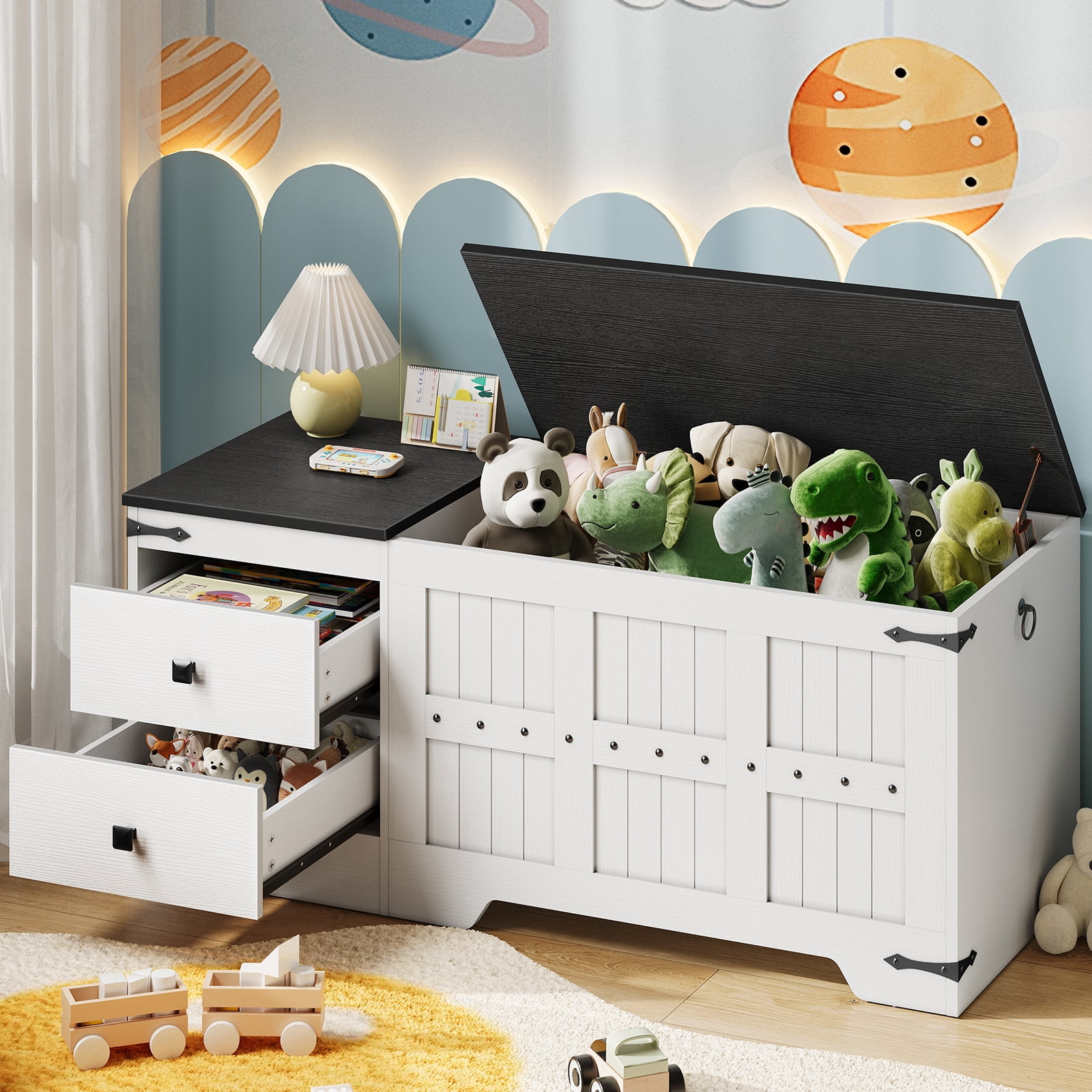 HOOBRO Wooden Toy Storage Bench and Chest, Dual Drawers, Safe Hinge, Extra-Long Thick Top, Easy Assembly, Multipurpose Storage Organizer Trunk, for Living Room, Bedroom, White and Black WB212CW01