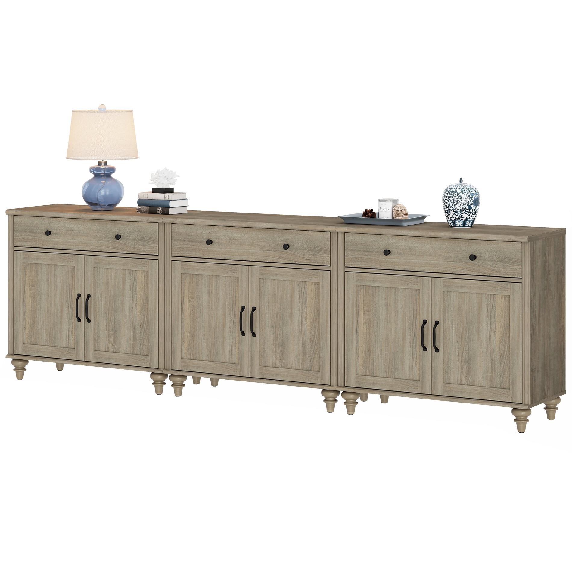 Wash Gray Farmhouse TV Stand for 85 inch TV with Drawers & Doors