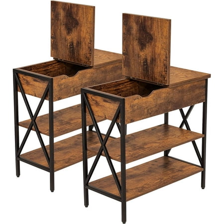 SJ&M Side Table Set of 2, End Tables with Storage, 3 Tier Sofa Table for Small Space, Flip Top Narrow Nightstand, Bedside Tables, X-Shaped Enhanced Legs, Tall Couch Table for Living Room, Bedroom