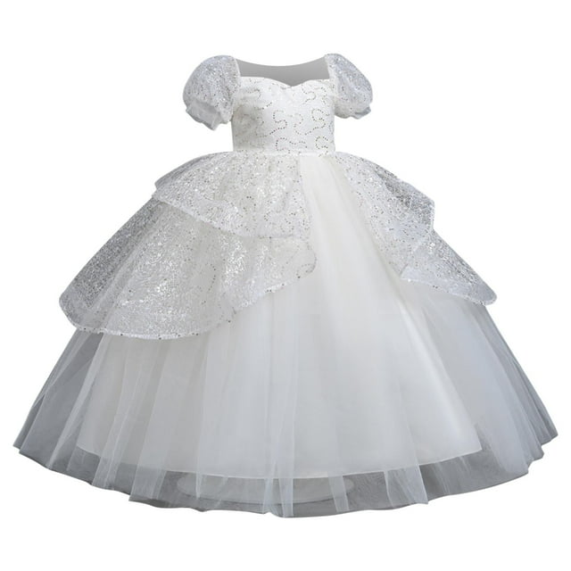 MeetoTime Girls Princess Dress Puffy Sleeve Ruffled Lace Round-Neck Embroidery Mesh Formal Performance Dresses 7-13 Years Children Clothes