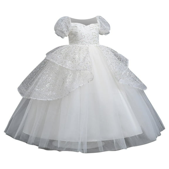 SHTXOZHI Kids Girls Sequin Party Princess Dress Puff Sleeve Ruffle Tulle Dress A-Line Birthday Gown