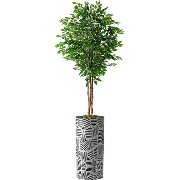 Artificial Tree in Geometric Pattern Planter, Fake Ficus Silk Tree for Indoor and Outdoor Home Decoration - 75" Overall Tall (Plant Pot Plus Tree)