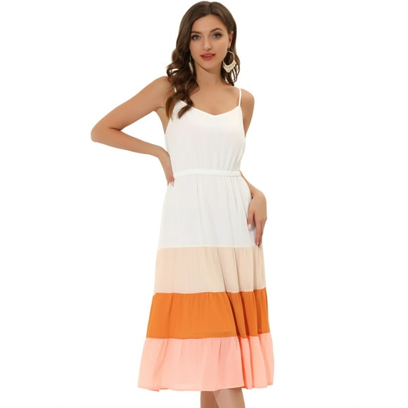 Women's Summer Spaghetti Strap Dress V Neck Flowy Swing Chiffon Midi Dress White Pink M