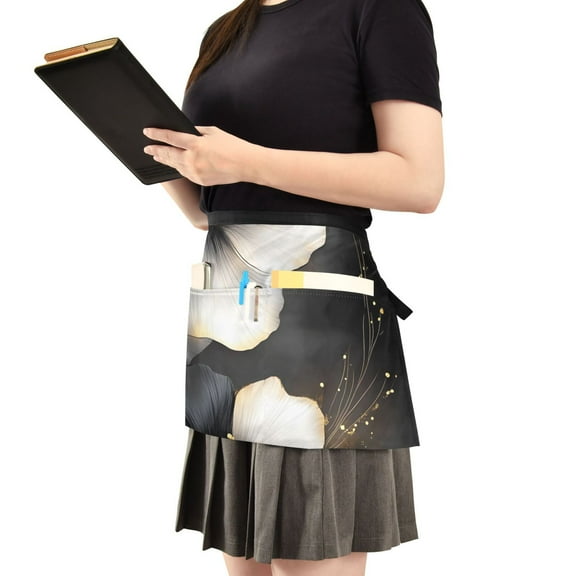 Black and White Flower Server Apron with 3 Pockets Waist Apron for Waiter Waitress