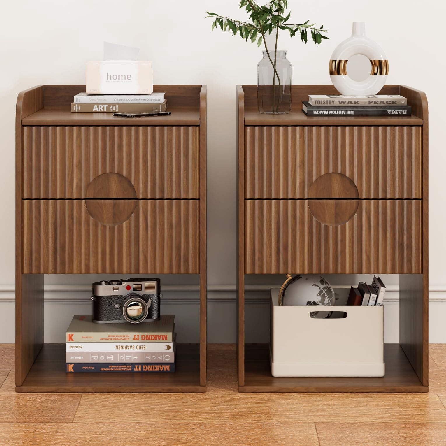 Fluted Nightstand Set of 2, Mid Century Bedside Tables with Drawer & Storage, Small End Tables for Bedroom, Walnut