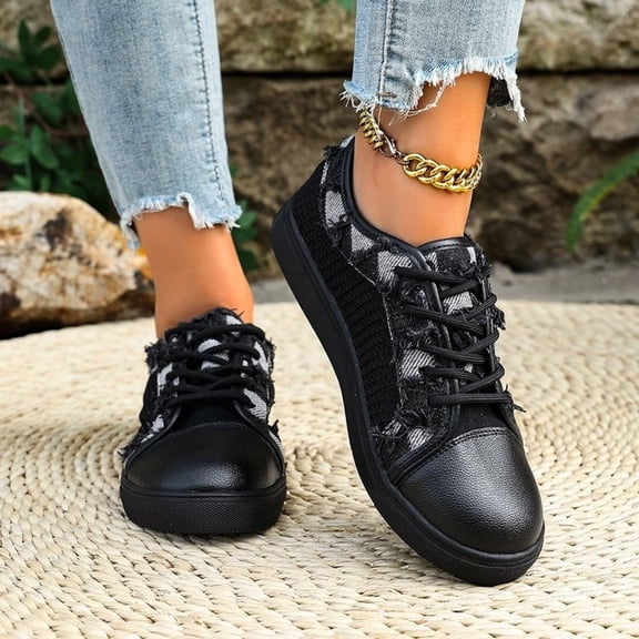 Mesh Skate Sneakers for Women Denim Patchwork Casual Lace up Tennis Shoes for School Walking Every Day Wear