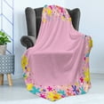 thumbnail image 4 of Party Soft Flannel Fleece Throw Blanket, Girls Birthday Design with Doodle Style Blooming Flowers on Pink Backdrop, Cozy Plush for Indoor and Outdoor Use, 70" x 90", Multicolor and Pink, by Ambesonne, 4 of 5
