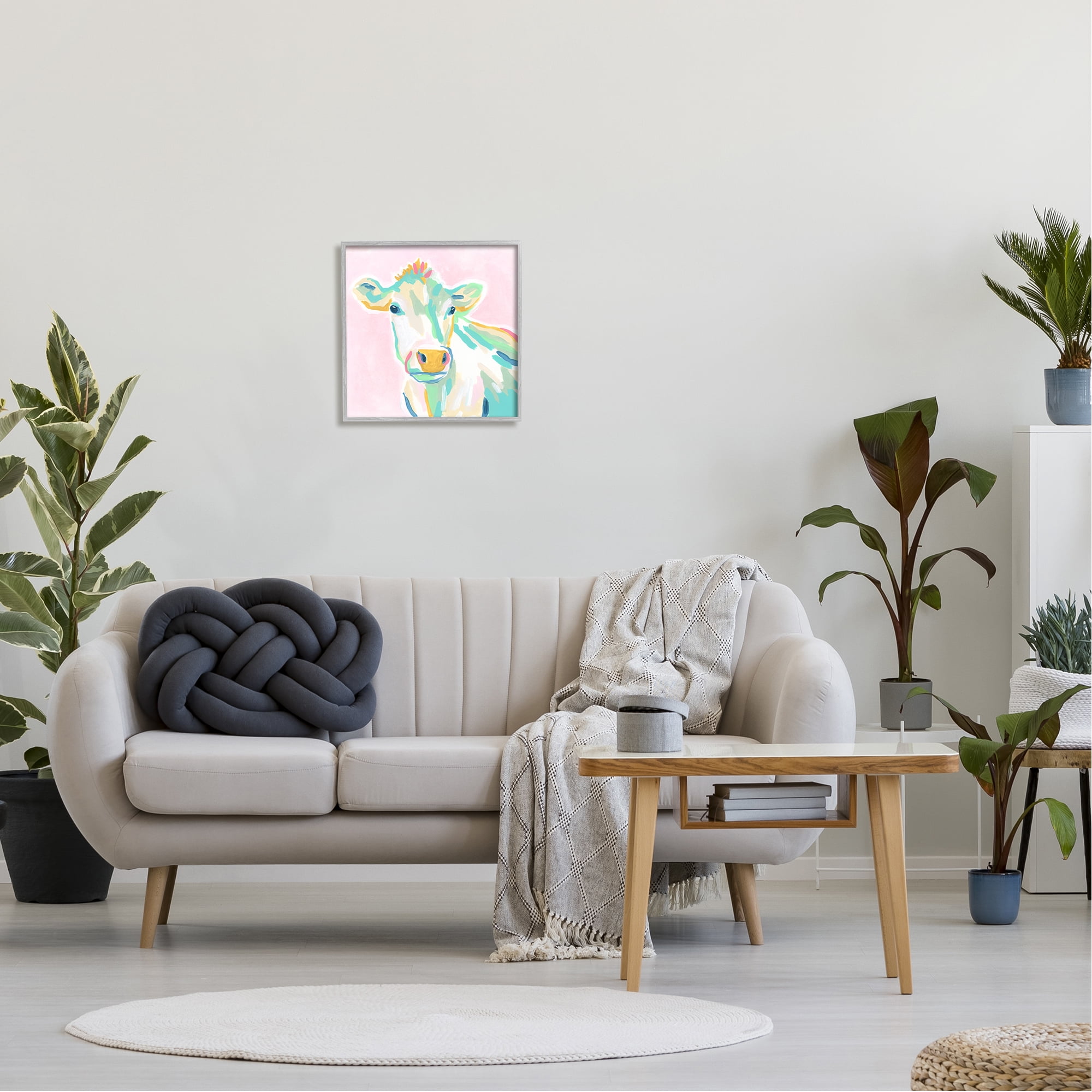 Stupell Industries Pastel Cow Painting Animals & Insects Painting Gray Framed Art Print Wall Art, 17 x 17