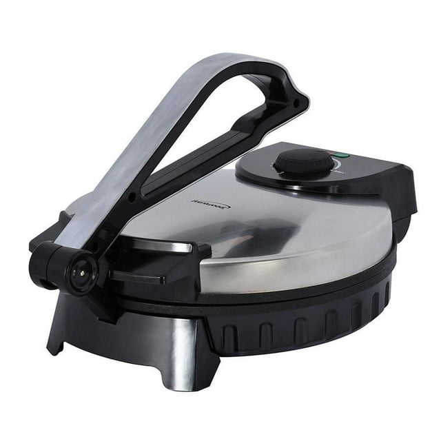 Brentwood electric tortilla maker featuring a stainless steel non-stick surface and adjustable temperature control knob.