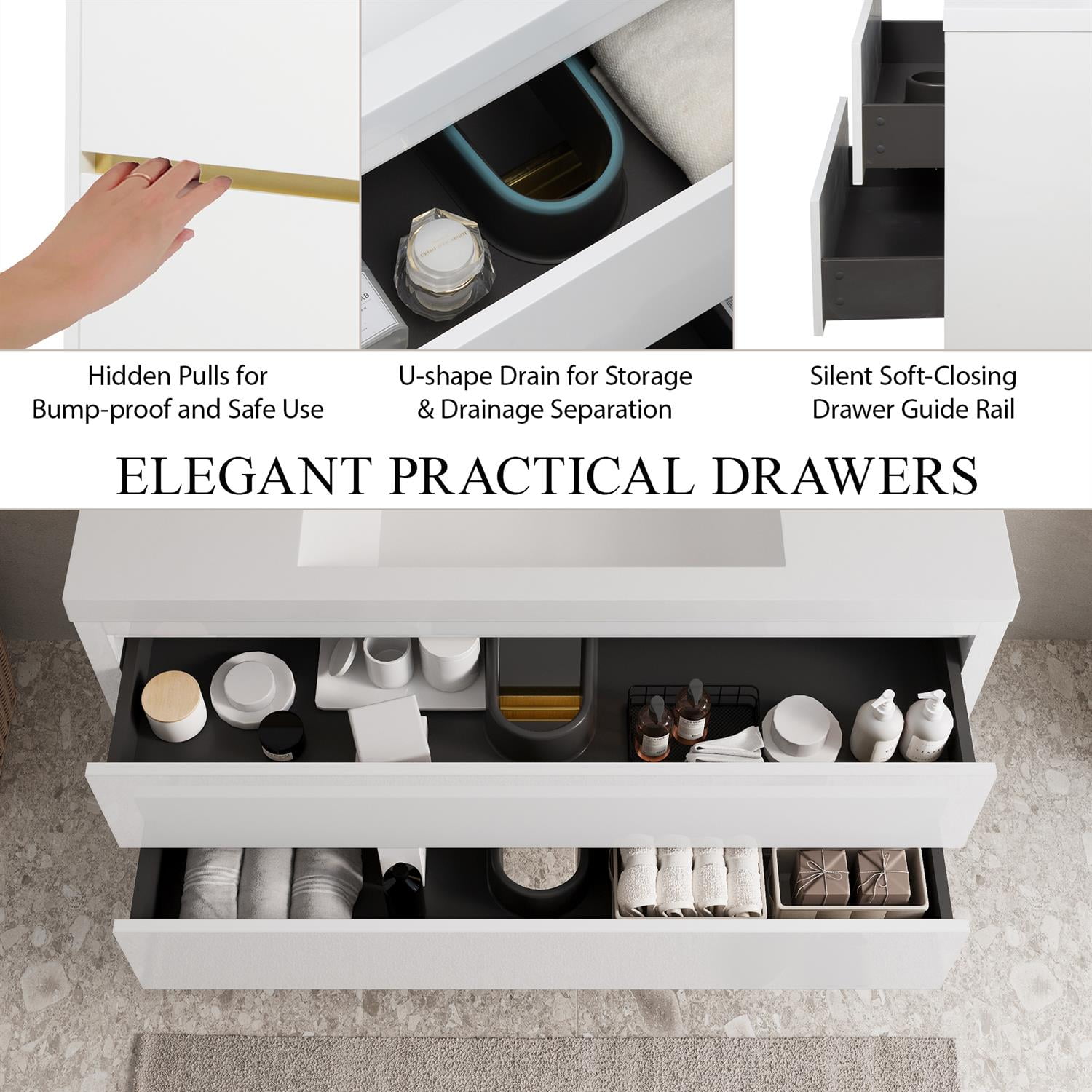 Demi Bonn 47" Wall-Mounted Bathroom Vanity with Sink, Stone Resin Countertop and 2 Soft Close Drawers, Faucets and Drains Not Included, White