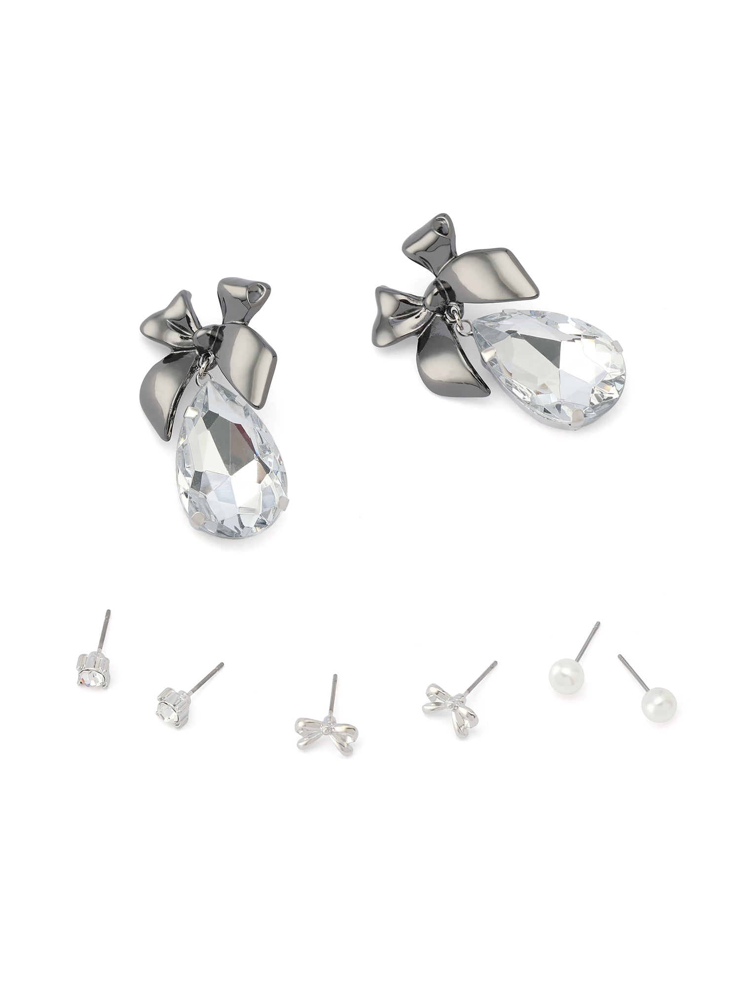 Madden NYC Women's Fashion Rhodium Bow Stone Gem Drop & Stud Earring 4-Piece Giftable Boxed Statement Set