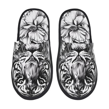 

Tideii Tiger Butterfly Floral Art for Home Indoor Cotton Slippers Autumn and Winter EVA Plush Slippers Household Supplies Unisex-Medium
