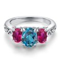 thumbnail image 3 of Gem Stone King 925 Sterling Silver London Blue Topaz and Red Created Ruby Filigree Style 3 Stone Ring for Women (2.50 Cttw, Oval 8X6MM and 6X4MM) (Size 8), 3 of 6