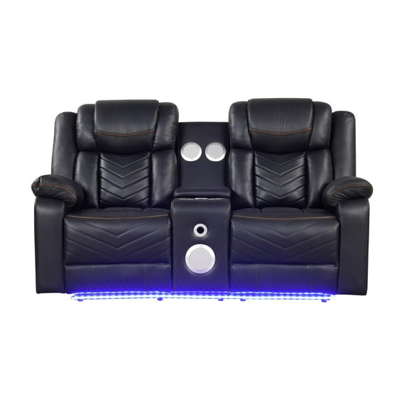 Challenger Modern LED Recliner Loveseat with console bluetooth speaker in Black