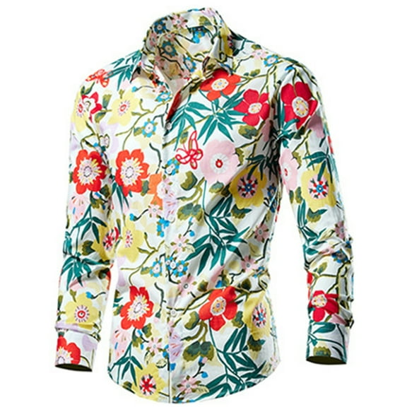 Aueoeo Men Floral Dress Shirts Long Sleeve Casual Button -Down Flower Printed Cotton Shirts (Available In Big Size) Multicolor L