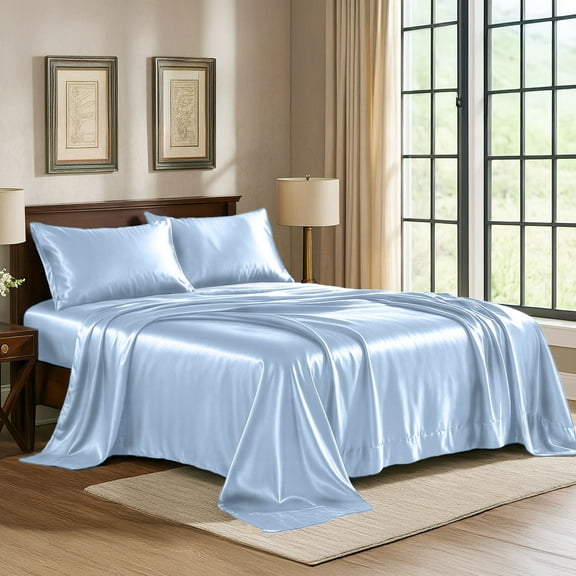 Satin Sheets King [4-Piece, Baby Blue] Hotel Luxury Silky Bed Sheets - Extra Soft 1800 Microfiber Sheet Set, Wrinkle, Fade, Stain Resistant - Deep Pocket Fitted Sheet, Flat Sheet, Pillow Cases