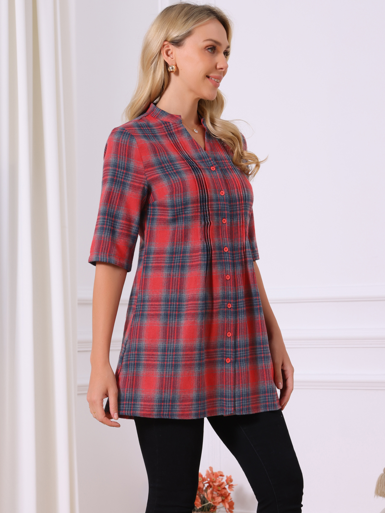 DARING DIVA Women's Check Top V Neck Half Sleeve Casual Tunic Blouse Red M