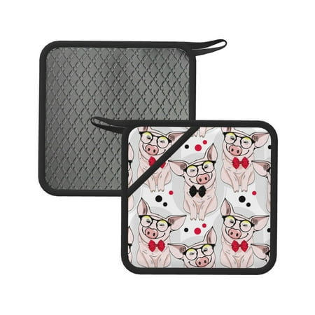 

2PCS Pot Holders for Kitchen - Heat Resistant Silicone Pot Holders with Hanging Loop Cute Glasses Bow Tie Pig Non Slip Oven Hot Pads Potholders for Decor Baking Cooking Kitchen