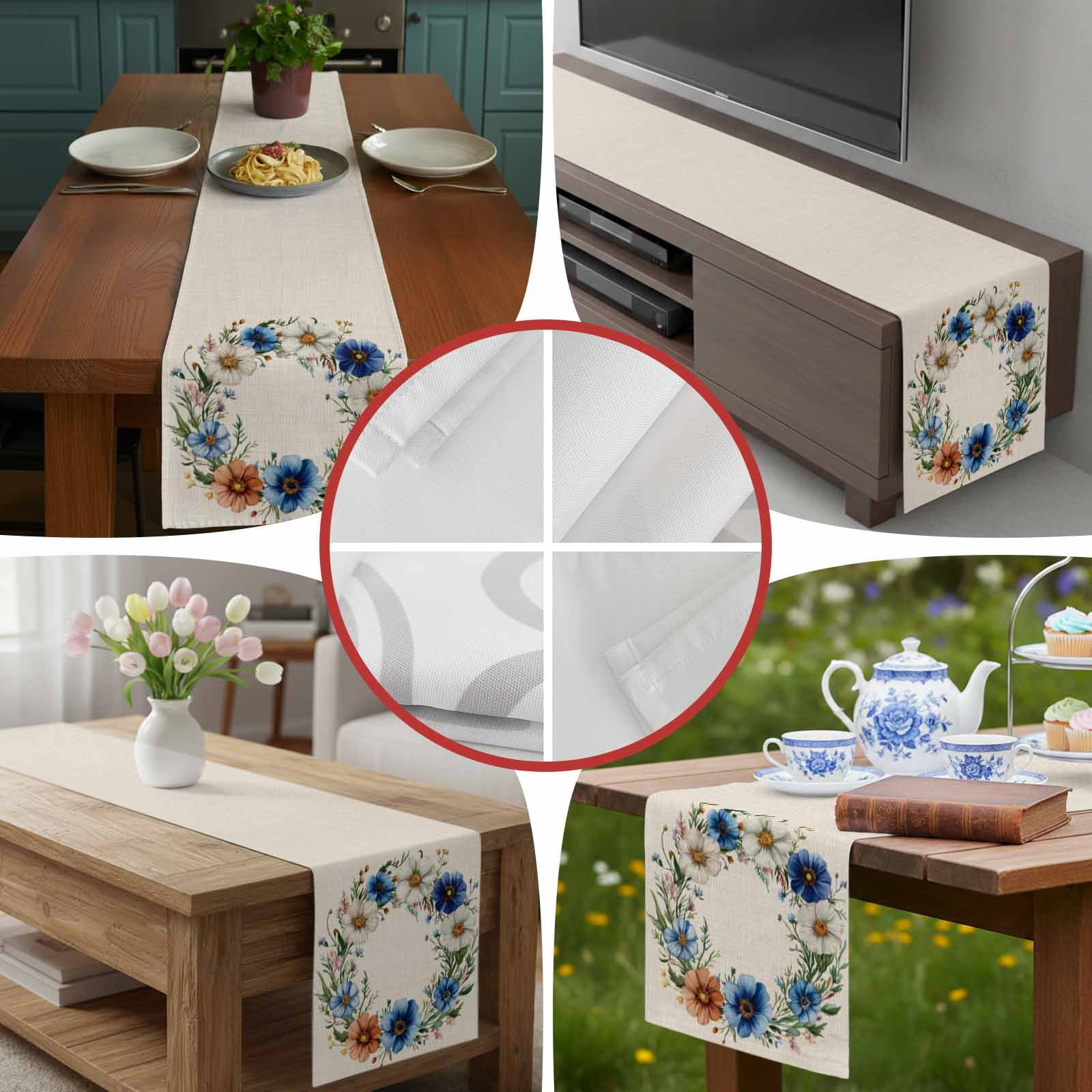 Watercolor Summer Flower Garland Table Runner 90 Inches Long, Beige Linen Background Table Runners Tabletop Scarf Kitchen Dining Tables Decoration for Home Party Indoor Outdoor