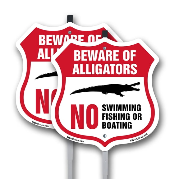 Alligator Warning Shield Sign Beware Of Alligators. No Swimming Fishing Or Boating (2 Pack) 12 inch X 12 inch Shield Shaped Rust-Free Aluminum Metal Signs with Aluminum Mounting Stakes