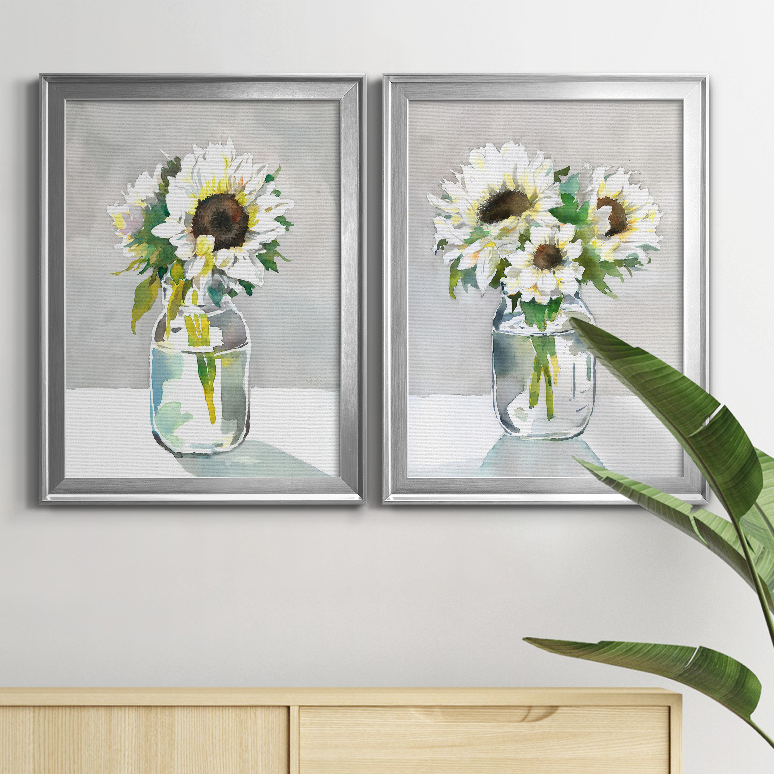 2 Piece Set Sunflower I Premium Framed Canvas - Ready to Hang - 22.5 x 30.5 Each - Silver Frame