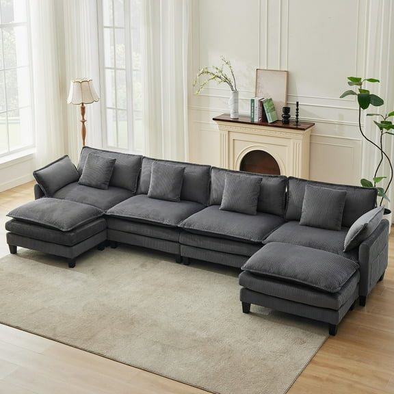 Modular Sectional Sofa, 3 Seater Corduroy Couch with Ottoman & Throw Pillows, Modern Grey L-Shaped Sofa, Comfy Cloud Deep Seat Couch for Living Rooms, Offices
