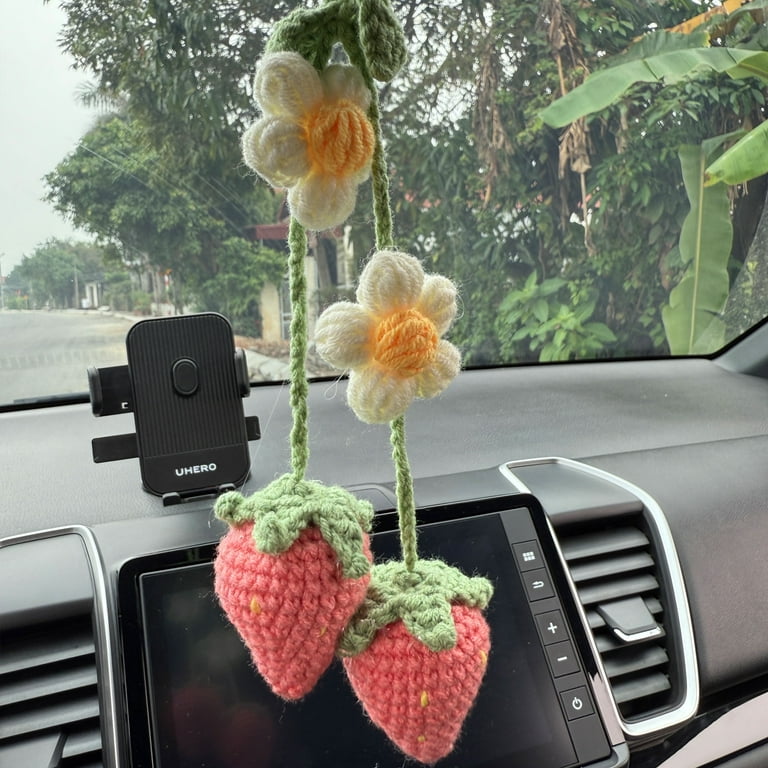 Handmade Crochet Bee, Sunflowers and Strawberry Car Rear View