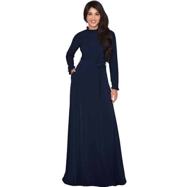 Koh Koh Koh Koh Long Sleeve Modest Fall Winter Pockets Evening Flowy Empire Waist Full Floor Length Cocktail Semi Formal Tall Maxi Dress Gown Abaya For Women Dark Navy Blue Small Us