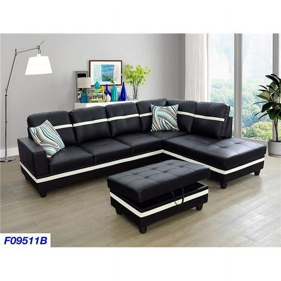 PonLiving Furniture LSF09511B 3 Piece Right Facing Sectional Sofa Set with Ottoman, Faux Leather - Black & White