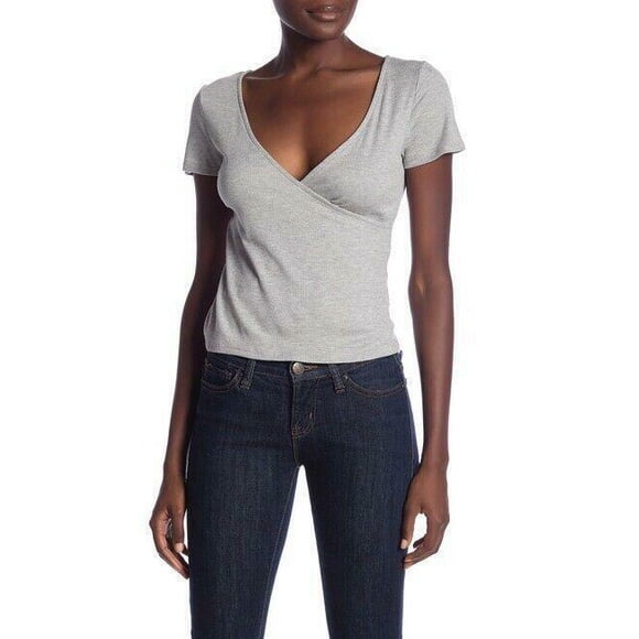 PST By Project Social T Women's Short Sleeve Surplice Top In Grey Size L