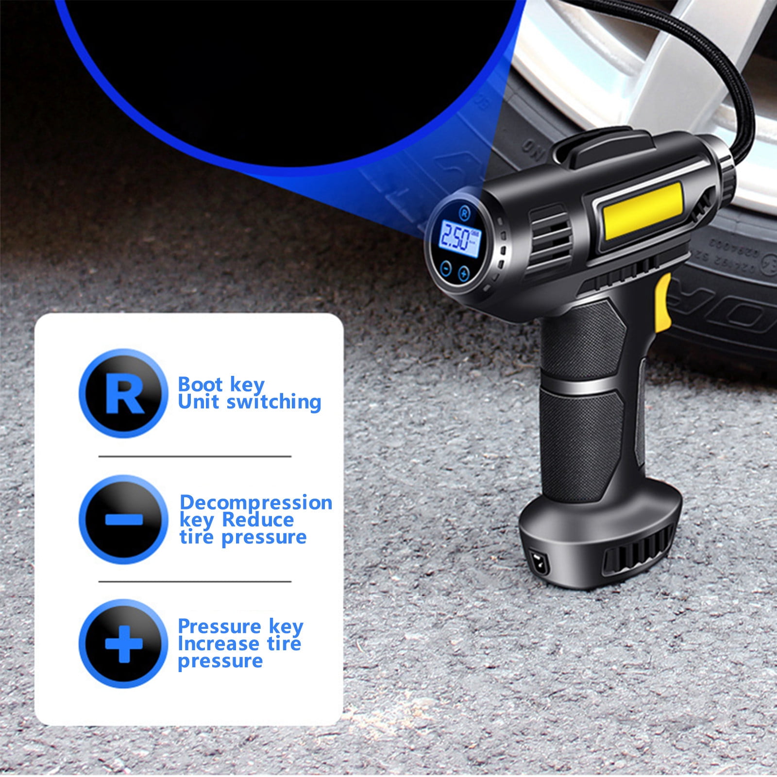 Avid Power Cordless Tire Inflator, 120W Rechargeable Air Compressor with Digital Gauge & Car Adapter, Portable for Cars, Bikes & Inflatables